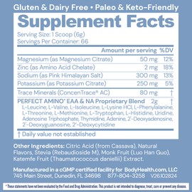 BodyHealth PerfectAmino Electrolytes Powder No Sugar, Hydration Fasting Keto Zero Sugar Electrolytes Drink Mix with Trace Minerals - NSF Certified for Sport - Lemon Lime - 66 Servings