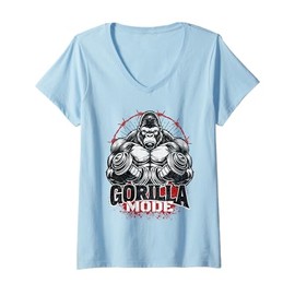 Women's Gorilla Fashion Workout Exercise Weights Strong Gym T-Shirt with V-Neck, blue