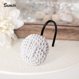 Sunlit Boho Knots Shower Curtain Hooks, Home Decorative White Shower Curtain Rings with Black Hooks for Bathroom, Seaside Nautical Shower Curtain Hangers Bathroom Accessories, Set of 12