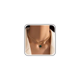 Cimenexe Bohemian Emerald Square Choker Necklace Green CZ Square Pendant Necklace Gold Crystal Coin T Bar Necklace Cuban Curb Link Chain Necklace Jewellery for Women and Girls, Zinc