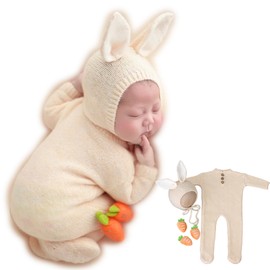 Zeroest Newborn Easter Photography Props Outfit Bunny Photo Prop Costume for Baby Boys Girls, Knitted Rabbit Ears Hat Romper Stuffed (Creamy)