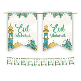Eid Mubarak Bunting Party Flags - 10 Flags - Eid Decorations (Green & Gold)