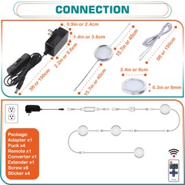 Lvyinyin Kitchen Under Cabinet Lights Kit, 120 Volt Wired LED Puck Display Cases Lighting, RF Wireless Remote Control Dimmable, Daisy Chained Linkable, White Wires, Daylight 6000K, 4 Lights