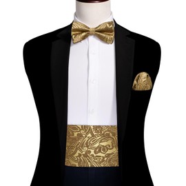 YOHOWA Men Cummerbund Bow Tie Set Paisley Gold Silk Pre-Tied Bowtie Handkerchief Cufflinks Formal Wedding Party Prom