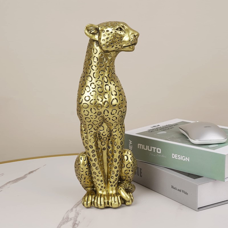 Modern Polyresin 11" H Gold Cheetah Figurine Sitting Home Decor