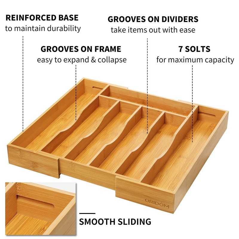 oridom Expandable Bamboo Kitchen Drawer Organizer for Cutlery and Utensils,