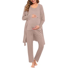 SWOMOG Maternity Nursing Robe Set 3 Piece Postpartum Pajamas Women Breastfeeding Pregnancy Hospital Labor Delivery Pjs, Pants, Ecru Medium