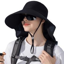 HUAMULAN Women Large Brim Sun Hat with Neck Flap, Men Quick Dry Hiking Fishing Safari Hat UPF 50+, Bg8112-black, One Size