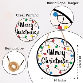 10 Inches Christmas Wooden Wall Decor, Merry Christmas Colorful Lights - Funny Hanging Sign For Front Door, Porch, Farmhouse Rustic Home & Office Decorations - A04