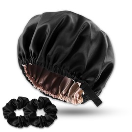 Satin Bonnet, Adjustable Double Layered Satin Cap, Satin Sleep Hair Cap for Women Girls Shower, Sleeping (Black)