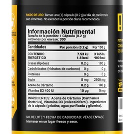 Safflower Oil D3 Blend de 300 softgels B Life D3+, Ingredientes naturales. Safflower Oil D3 Blend. B Life