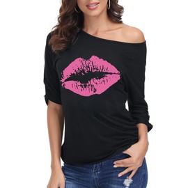 ELFIN Damen T-Shirt 80er Jahre Party-Shirts Sexy Lippen Drucken One-Shoulder-Shirt Kurzarm Sommer Oberteil Casual Bluse Tops, Schwarz-Rot Lippen, XL