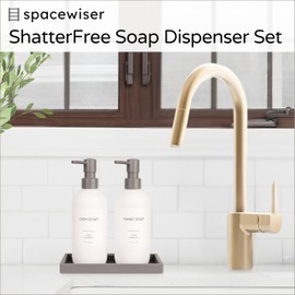 Spacewiser ShatterFree Soap Dispenser Set - PET Plastic Kitchen Soap Dispenser Set, Dish Hand Soap Lotion Dispenser, Countertop Soap Caddy for Bathroom, Includes 8 Labels, 16 oz, Gray Tray