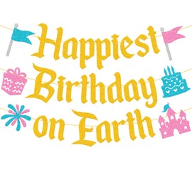 Happiest Birthday on Earth Banner Princess Bday Party Decorations Girls Kids Castle Birthday Baby Shower Party Supplies