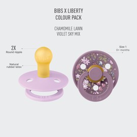 BIBS Colour Liberty Pack of 2 BPA Free Cherry Shape Nipples Natural Rubber/Latex, Made in Denmark, Size 1 (0-6 Months), Chamomile Lawn Violet Sky