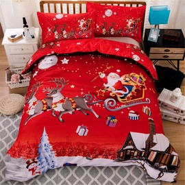 Christmas Duvet Cover Double Reversible Christmas Santa Claus Pattern Printed Bedding Duvet Cover with Zipper Closure for Kids Teens Adults,Soft Microfiber Xmas Bedding Set Double Size (Red, 3Pcs)