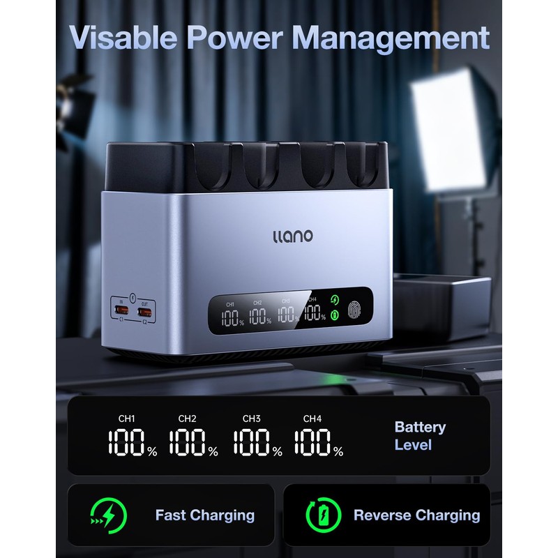 llano DMW-BLK22 65W 4-Slot Fast Battery Charger, Durable CNC Aluminum