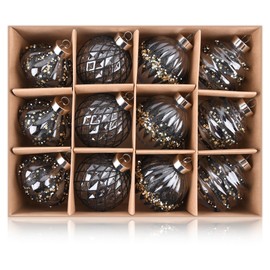 Clear Christmas Ball Ornaments for Tree - Large 80mm 3.15 inch Farmhouse Christmas Ornaments for Holiday Indoor Decorations - Big Black Rustic Shatterproof Plastic Xmas Bulbs, Pack of 12