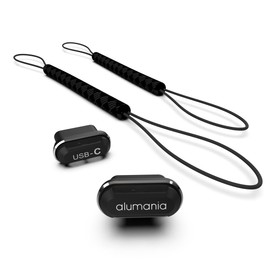 Alumania USB Type C Cap [Black] Comes with a strap that can be connected to cases for preventing loss, 2 types of different printed logo designs