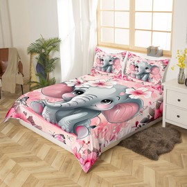 Cute Elephant Duvet Cover,Kids Pink Flowers Bedding Set,Rose Butterfly Comforter Cover for Boys Girls Room Decor,Watercolor Elephant Bedspread Cover Twin Size with 1 Pillow Case(No Comforter)