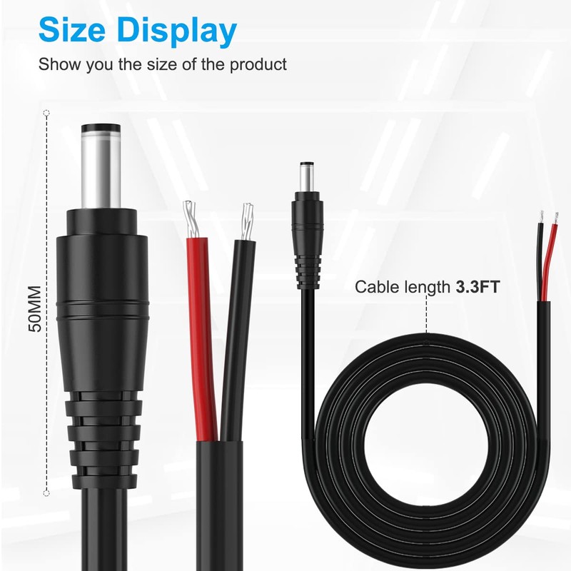 DC Power Pigtail Cable,16AWG DC Plug Barrel Connector Male 2.1mm