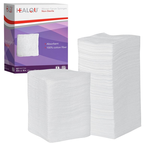 HEALQU 4x4 Gauze Pads - 12 Ply Woven Pack of 200 - Ultra Absorbent Soft Non-Sterile Surgical Sponges for Wound Dressing, Debridement, Cleaning and Prepping