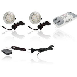 Ultra Flat Set of 2 LED Furniture Recessed Spotlights Tim 2 Watt Warm White 12 Volt DC 3000 Kelvin 180 Lumen 110 Degree Beam Angle Rustproof Aluminium 1.8 m Connection Cable LED Transformer