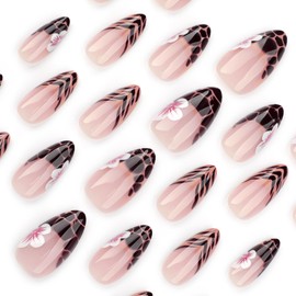 French Tip Press on Nails Almond Medium Leopard Print Fake Nails with Designs Spring Flower False Nails Cheetah Pattern Gel Acrylic Nails Almond Glue on Nails Full Cover Stick on Nails for Women 24Pcs