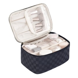 Large Makeup Bag Travel Cosmetic Bags with Brush Compartment and Removable Divider Portable Make Up Bag with Handle Waterproof Leather Toiletry Bag Makeup Organiser Case for Women (Black)