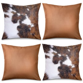 4 Pcs Western Cow Print Pillow Covers Throw Pillowcases 18 x 18 Inch Decorative Pillows Covers for Sofa Bedroom Car Abstract Throw Pillow Cover Cowhide Throw Pillow Cover (Brown and Cowfur)