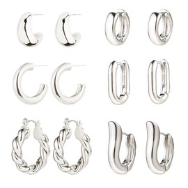 KAMXUY 6 Pairs Gold Hoop Earrings for Women, 14K Gold Plated Huggie Hoop Earrings Set Hypoallergenic Lightweight Chunky Open Hoops Jewelry for Gift (Silver)