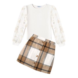 Arshiner Girls Clothing Sets Elegant Long Sleeve Tops with Plaid Skirt Set Kids Autumn Winter Casual Fashion Outfits for Girls 12-13 Years