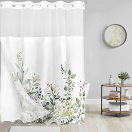 Tititex No Hooks Snap in Liner Green Eucalyptus Leaves Shower Curtain Sets, Hotel Luxury Double Layers Waterproof Fabric & See-Through Top Window Bathroom Decorative 72x84 Inch