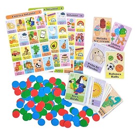 MoreFiesta Juego de Loteria Infantil Didactica Bilingue Español Ingles, para 10 Jugadores - 10 Tablas, Barajas y Fichas