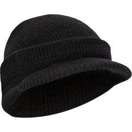 Rothco 100% Wool Beanie Jeep Cap US Government DOD Double Layer Brim Visor Hat USA Made - Black