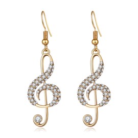 BIRSTONE Treble Eighth Music Clef Note Fish Hook Dangle Earrings, Rhinestone Metal