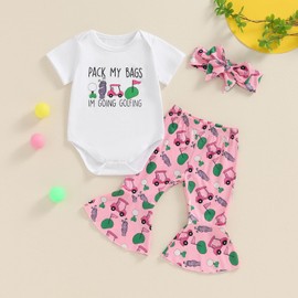 baorji Newborn Baby Girl Golf Outfit Baby Golf Clubs Short Sleeve Romper Golf Cart Flare Pants Set 3Pcs Infant Summer Clothes (Pink, 3-6 Months)