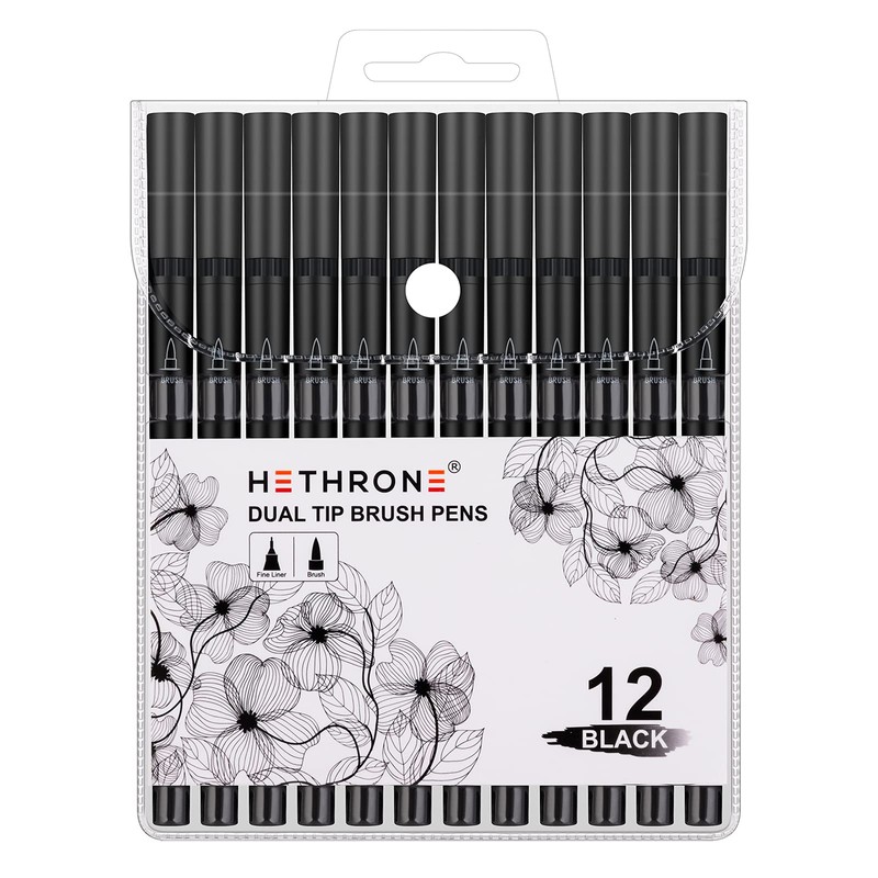 Hethrone Black Markers for Drawing - Brush Pens with Felt
