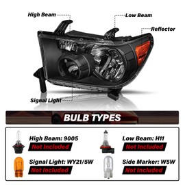 BRYGHT Halogen Headlight Assembly Replacement for 2007 2008 2009 2010 2011 2012 2013 Toyota Tundra/Sequoia Black Housing and Amber Reflector, NOT Fit 09-12 Tundra with Level Adjuster