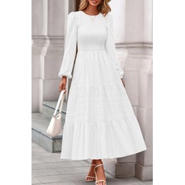 PRETTYGARDEN Womens Long Sleeve Fall Dresses Casual Crew Neck Smocked High Waist Tiered Flowy Maxi Dress with Pockets (White, Large)