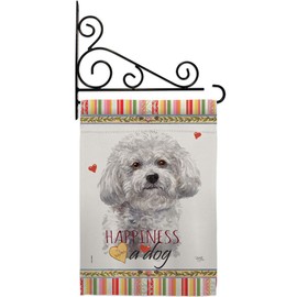 Bichon Frise Happiness Garden Flag Set Wall Holder Animals Dog Puppy Spoiled Paw Canine Fur Pet Nature Farm Animal Creature Small Decorative Gift Yard House Banner Double-Sided Made In USA 13 X 18.5