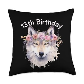 13th Birthday Girl Wolf Print Trendy Cool Animals 13 Years Throw Pillow