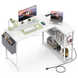 Mr IRONSTONE L Shaped Desk with Outlets & USB Ports, Reversible 47 Inch Office Desk, Corner Desk for Small Space, Home Office Desk with Storage Bag & Hook, White