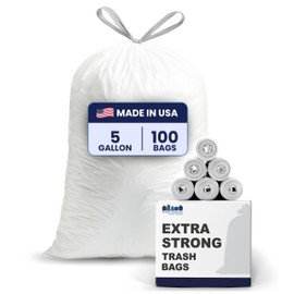 Plasticplace 5 Gallon Trash Bags - White Drawstring Garbage Bag Liners, 19" x 25" (100 Count) – Durable, Leak-Proof, Multi-Purpose Tall Kitchen, Bathroom, Office and Car TrashBags Plastic Bags 0.9 Mil