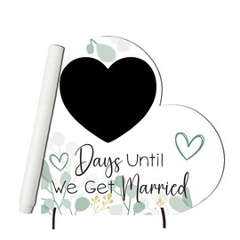 Wedding Countdown Plaque - Medium MDF Wood Heart-Shaped Keepsake - Days Until We Get Married with Optional Chalk Pen (Green Leaves, with Pen)