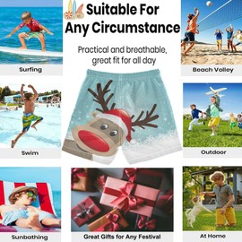 visesunny Summer Boy's Beach Shorts Quick Dry Soft Drawsting Swim Trunks Reindeer Red Hat Snow Snowflake Blue Baby Boy Bathing Suit with Pockets