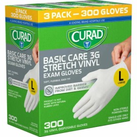 Curad Basic Care 3G Vinyl Exam Gloves, Small, Medium, Large, X-Large. 300 gloves - Large