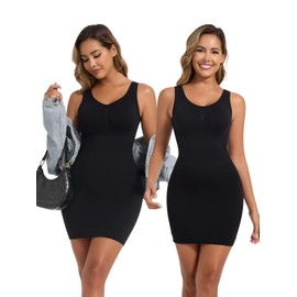 Joyshaper Women's Shaping Full Slips Tummy Control Shapewear Dress Body Slip Stretchy Bodycon Bodys Shaper Mini Dresses Black#01 XL