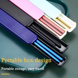 Portable & Reusable Chopsticks Stainless Steel Chopsticks with Case for School,Camping,Travel, Bento Box, 9 Inches in Length, Alternative to Wooden (Black+Blue)