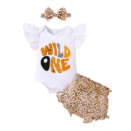 YOUNGER TREE Infant Baby Girl 1st Birthday Outfits Bumble Bee Printed One Romper Shorts Headband Summer Ruffle Sleeve Clothes (Wild One, 6-12 Months)